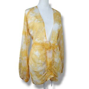 PrettyLittleThing Yellow and White Tie-Waist Long Sleeve Dress